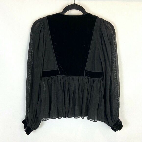 Ulla Johnson Riya Blouse Women's size 4 Black Silk Sheer Velvet Embroidered Top - Picture 2 of 6